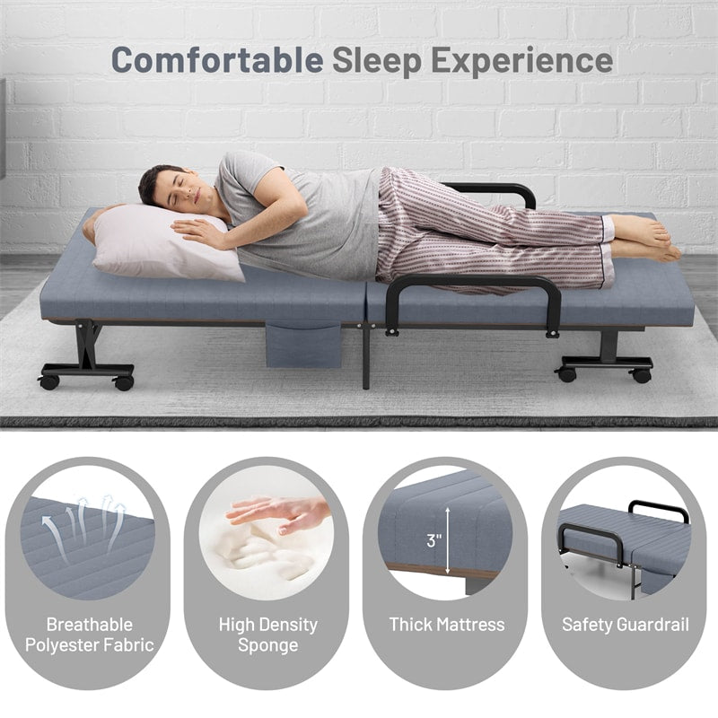 Folding Rollaway Bed with Mattress & Wheels for Adults, Portable Foldable Guest Bed with Adjustable 6 Position & Side Storage Pocket
