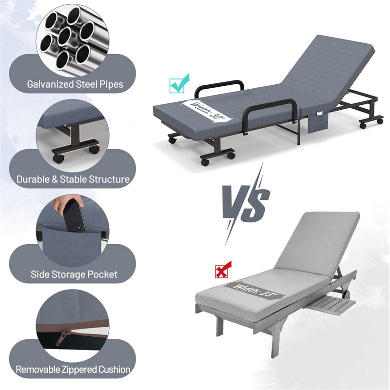 Folding Rollaway Bed with Mattress & Wheels for Adults, Portable Foldable Guest Bed with Adjustable 6 Position & Side Storage Pocket