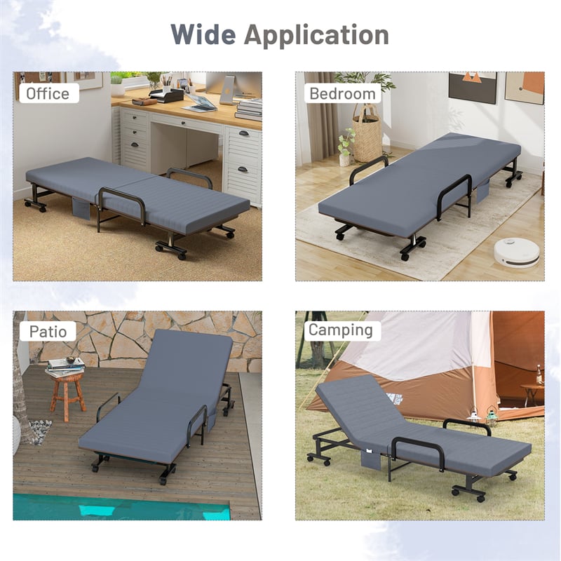 Folding Rollaway Bed with Mattress & Wheels for Adults, Portable Foldable Guest Bed with Adjustable 6 Position & Side Storage Pocket