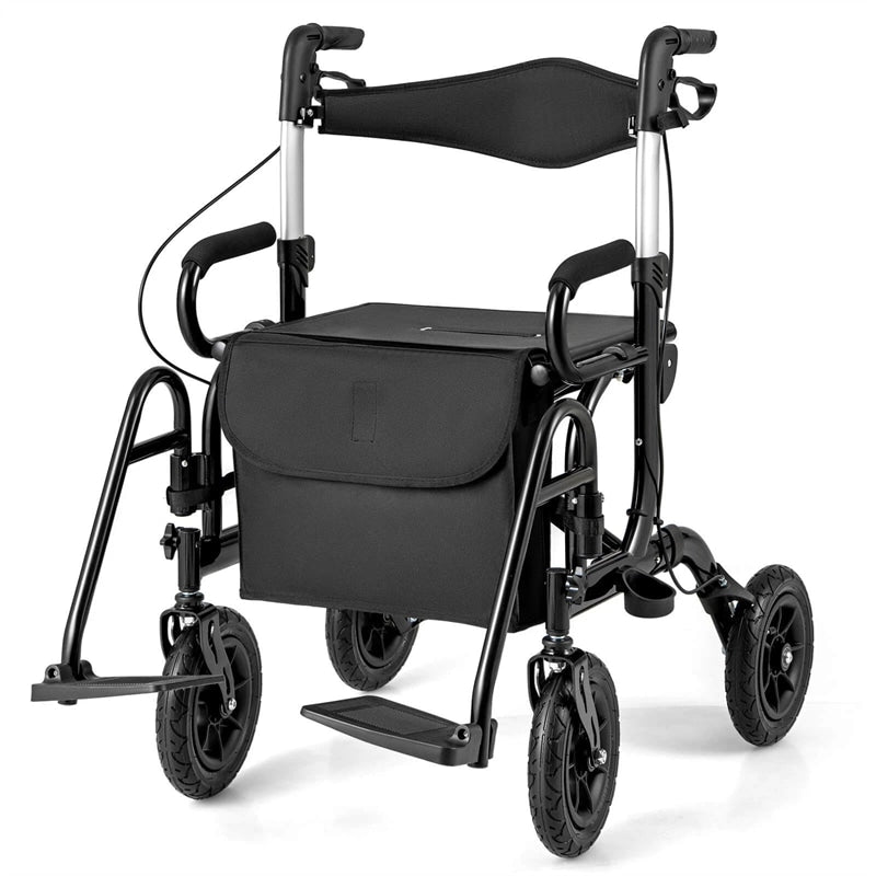 2-in-1 Folding Rollator Walker with Seat, Armrests & 9" All-Terrain Pneumatic Tires, Rolling Walker Wheelchair Combo for Seniors 300LB Capacity