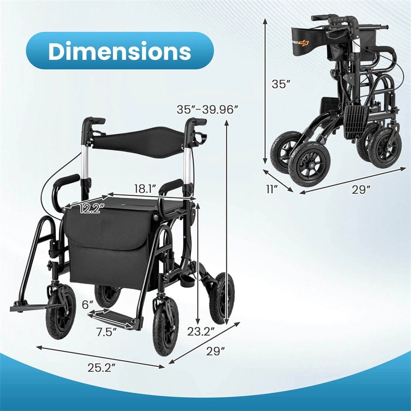 2-in-1 Folding Rollator Walker with Seat, Armrests & 9" All-Terrain Pneumatic Tires, Rolling Walker Wheelchair Combo for Seniors 300LB Capacity
