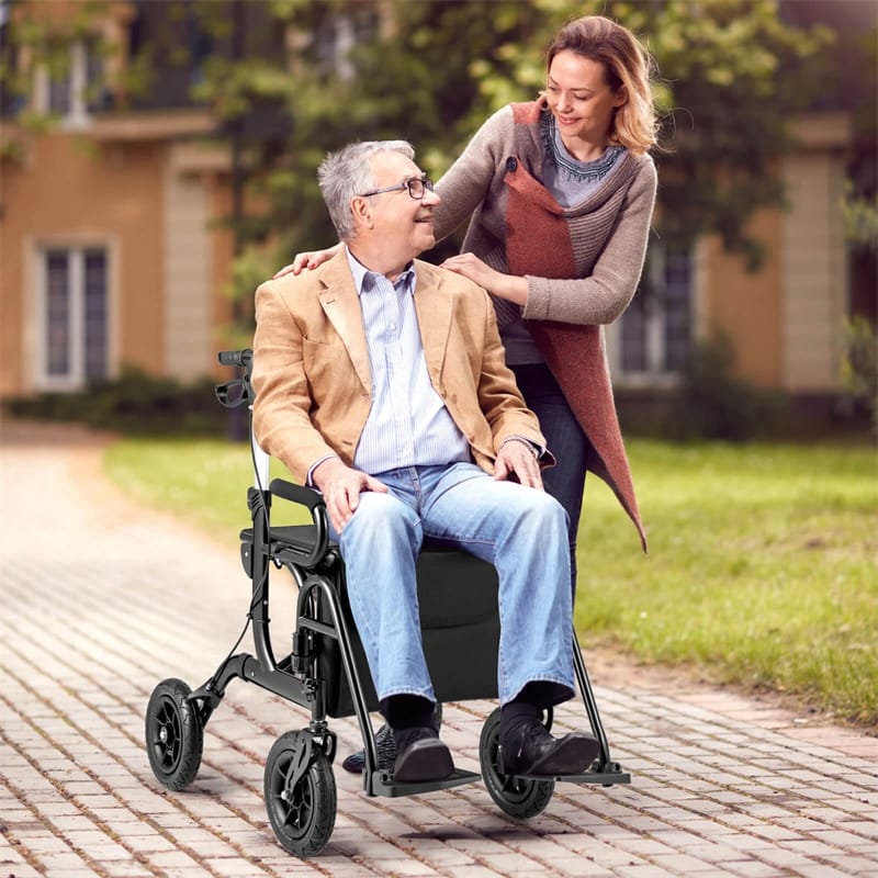 2-in-1 Folding Rollator Walker with Seat, Armrests & 9" All-Terrain Pneumatic Tires, Rolling Walker Wheelchair Combo for Seniors 300LB Capacity
