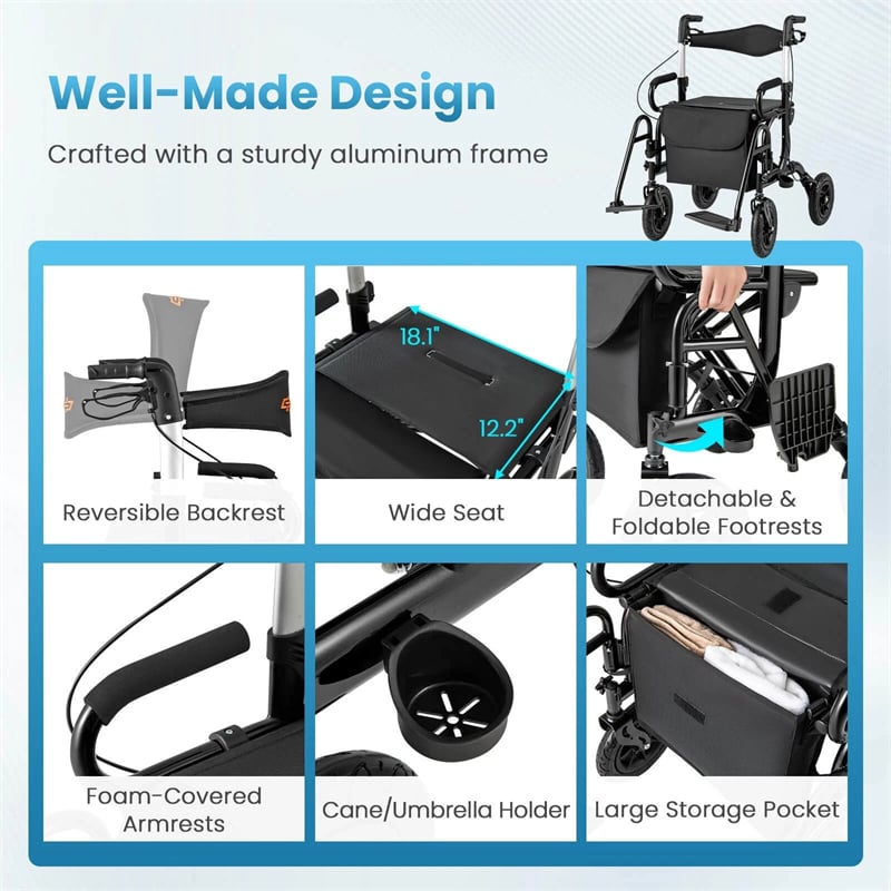 2-in-1 Folding Rollator Walker with Seat, Armrests & 9" All-Terrain Pneumatic Tires, Rolling Walker Wheelchair Combo for Seniors 300LB Capacity