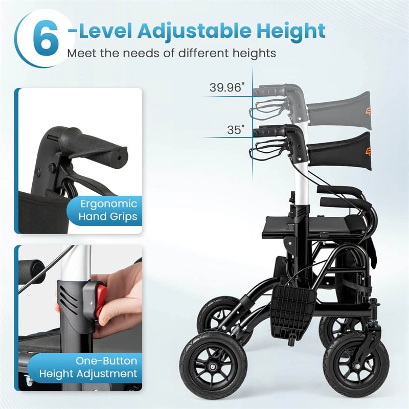 2-in-1 Folding Rollator Walker with Seat, Armrests & 9" All-Terrain Pneumatic Tires, Rolling Walker Wheelchair Combo for Seniors 300LB Capacity