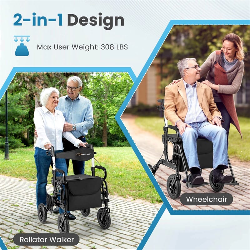 2-in-1 Folding Rollator Walker with Seat, Armrests & 9" All-Terrain Pneumatic Tires, Rolling Walker Wheelchair Combo for Seniors 300LB Capacity