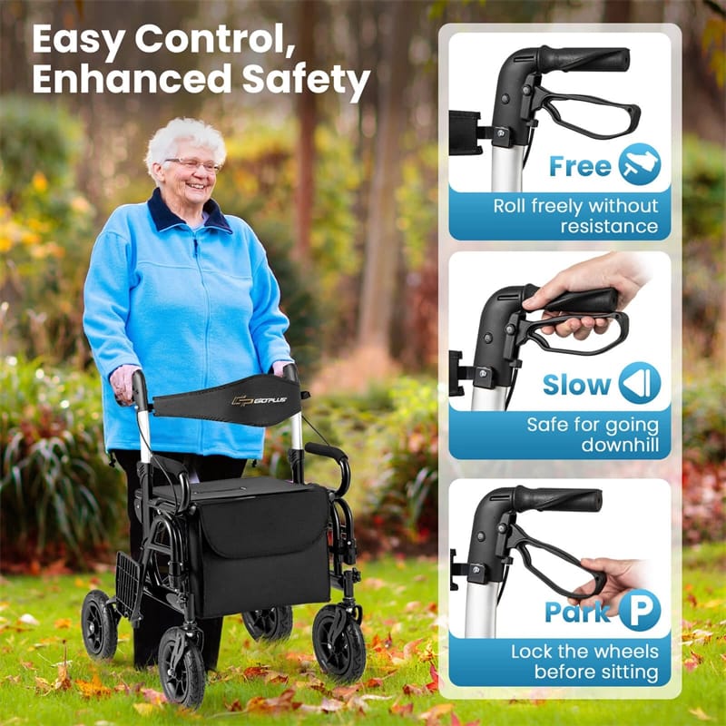 2-in-1 Folding Rollator Walker with Seat, Armrests & 9" All-Terrain Pneumatic Tires, Rolling Walker Wheelchair Combo for Seniors 300LB Capacity
