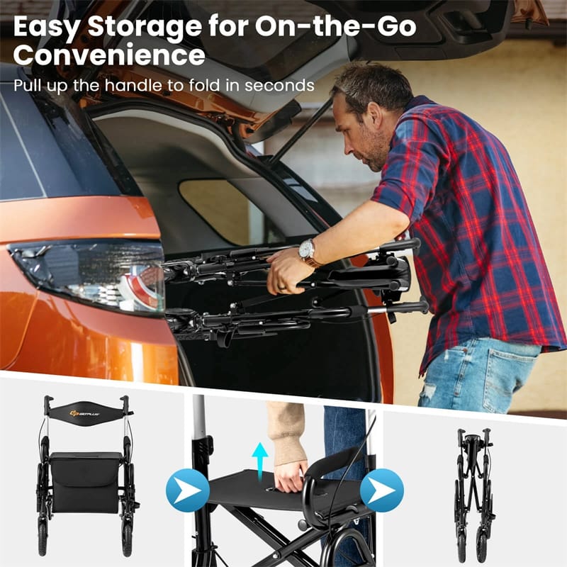 2-in-1 Folding Rollator Walker with Seat, Armrests & 9" All-Terrain Pneumatic Tires, Rolling Walker Wheelchair Combo for Seniors 300LB Capacity