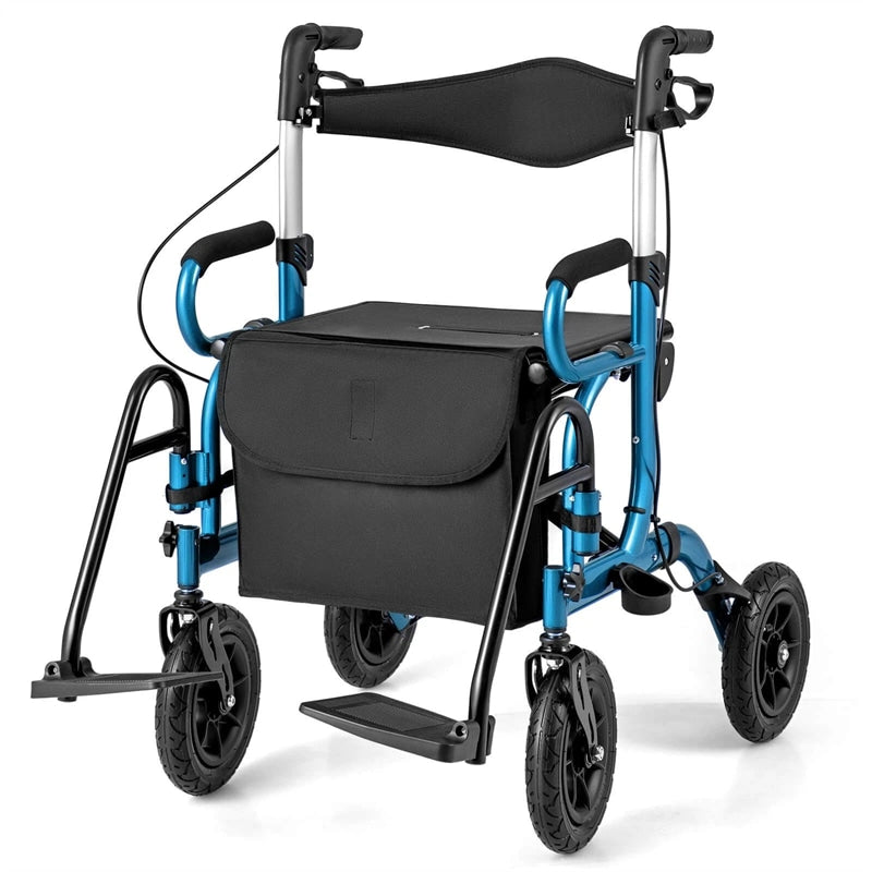 2-in-1 Folding Rollator Walker with Seat, Armrests & 9" All-Terrain Pneumatic Tires, Rolling Walker Wheelchair Combo for Seniors 300LB Capacity