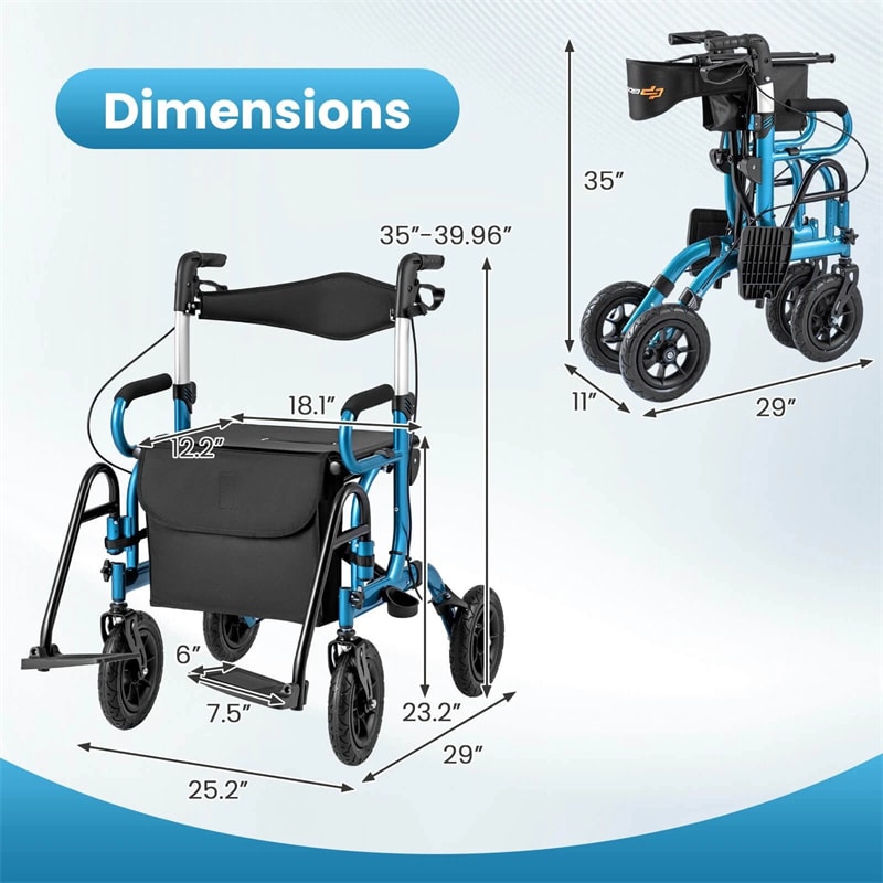 2-in-1 Folding Rollator Walker with Seat, Armrests & 9" All-Terrain Pneumatic Tires, Rolling Walker Wheelchair Combo for Seniors 300LB Capacity