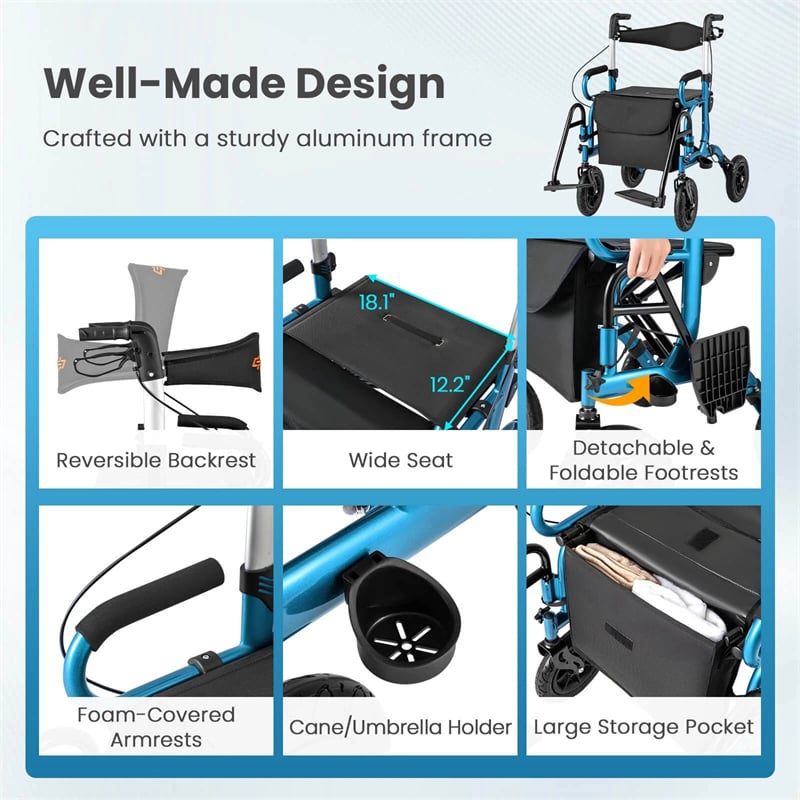 2-in-1 Folding Rollator Walker with Seat, Armrests & 9" All-Terrain Pneumatic Tires, Rolling Walker Wheelchair Combo for Seniors 300LB Capacity