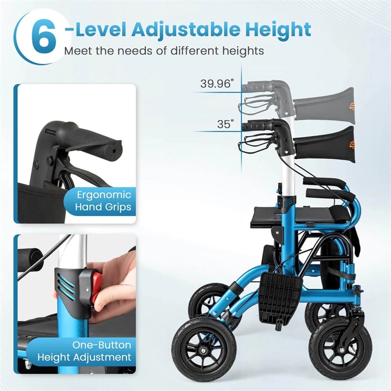 2-in-1 Folding Rollator Walker with Seat, Armrests & 9" All-Terrain Pneumatic Tires, Rolling Walker Wheelchair Combo for Seniors 300LB Capacity