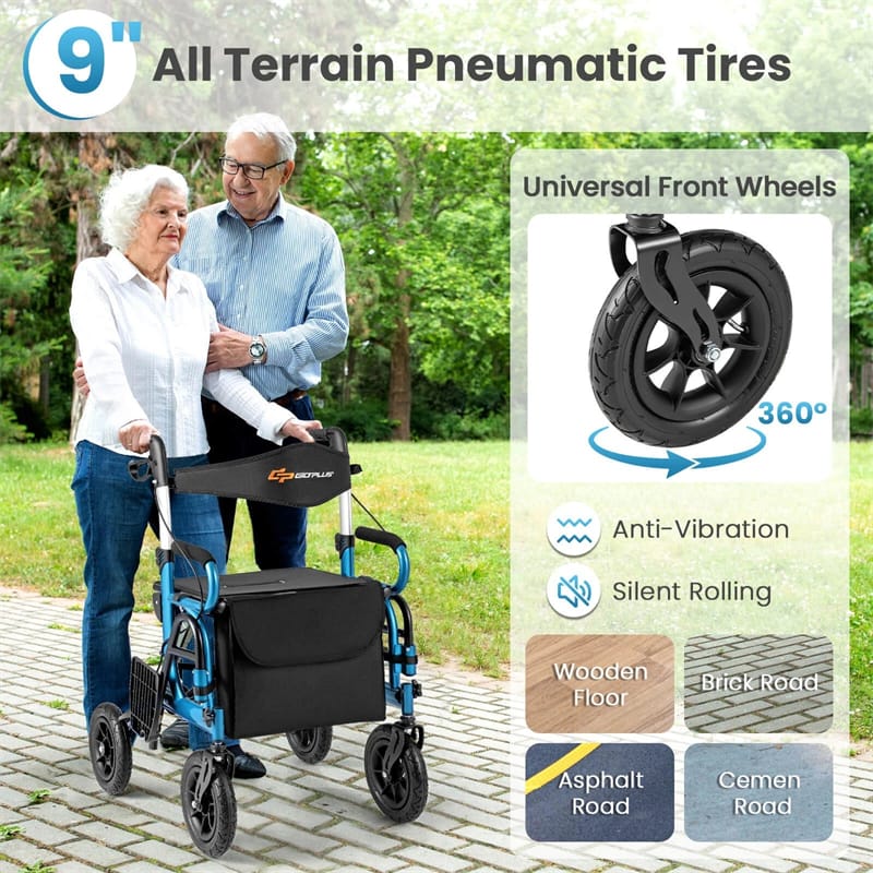 2-in-1 Folding Rollator Walker with Seat, Armrests & 9" All-Terrain Pneumatic Tires, Rolling Walker Wheelchair Combo for Seniors 300LB Capacity