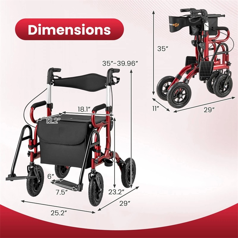 2-in-1 Folding Rollator Walker with Seat, Armrests & 9" All-Terrain Pneumatic Tires, Rolling Walker Wheelchair Combo for Seniors 300LB Capacity