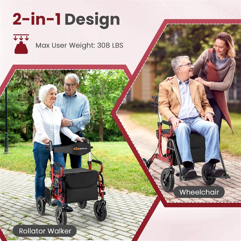 2-in-1 Folding Rollator Walker with Seat, Armrests & 9" All-Terrain Pneumatic Tires, Rolling Walker Wheelchair Combo for Seniors 300LB Capacity