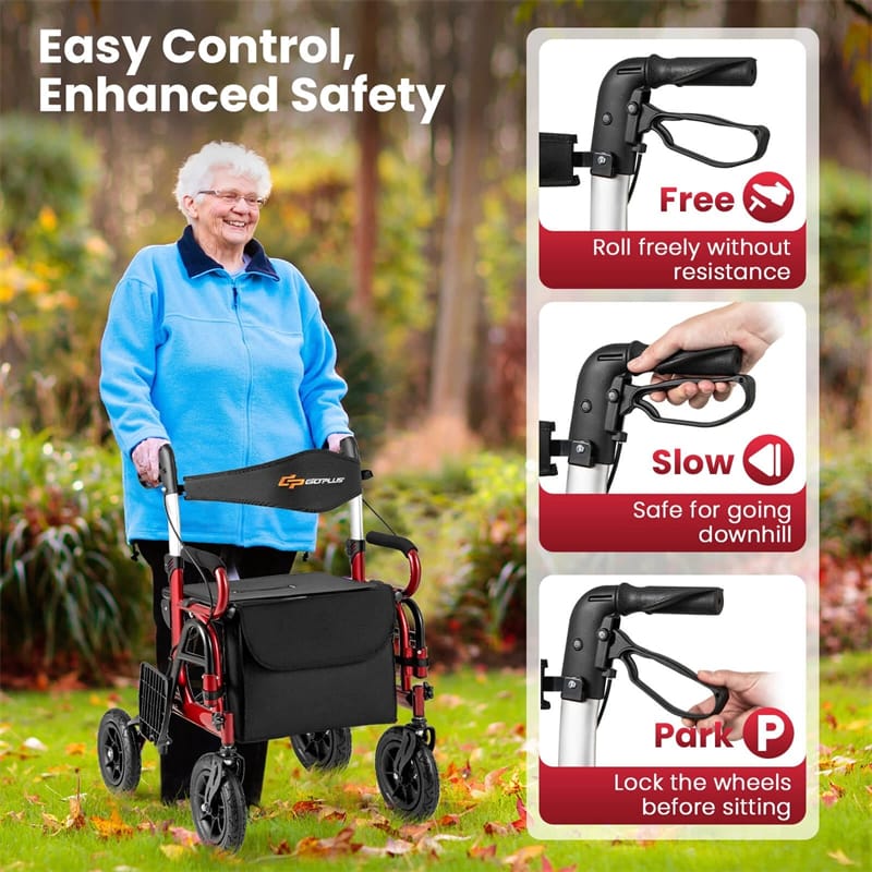 2-in-1 Folding Rollator Walker with Seat, Armrests & 9" All-Terrain Pneumatic Tires, Rolling Walker Wheelchair Combo for Seniors 300LB Capacity