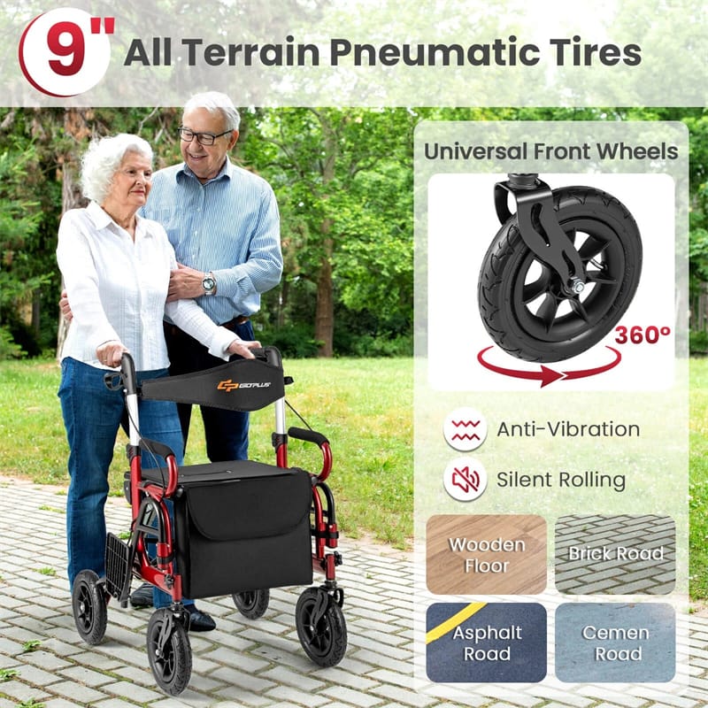 2-in-1 Folding Rollator Walker with Seat, Armrests & 9" All-Terrain Pneumatic Tires, Rolling Walker Wheelchair Combo for Seniors 300LB Capacity