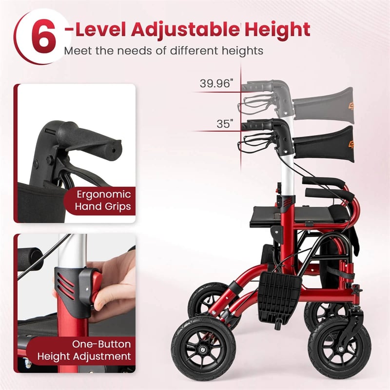 2-in-1 Folding Rollator Walker with Seat, Armrests & 9" All-Terrain Pneumatic Tires, Rolling Walker Wheelchair Combo for Seniors 300LB Capacity