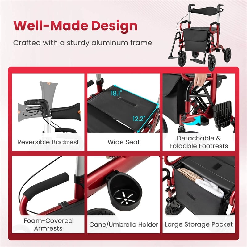 2-in-1 Folding Rollator Walker with Seat, Armrests & 9" All-Terrain Pneumatic Tires, Rolling Walker Wheelchair Combo for Seniors 300LB Capacity
