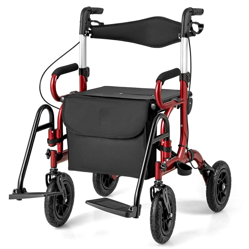 2-in-1 Folding Rollator Walker with Seat, Armrests & 9" All-Terrain Pneumatic Tires, Rolling Walker Wheelchair Combo for Seniors 300LB Capacity