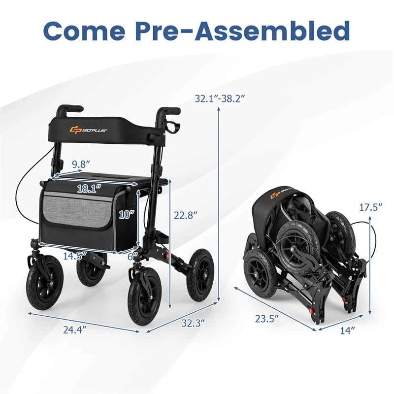 2-in-1 Folding Rolling Rollator Walker with Seat, 9" All-Terrain Pneumatic Tires & Height Adjustment, Aluminum Mobility Walking Aid for Seniors