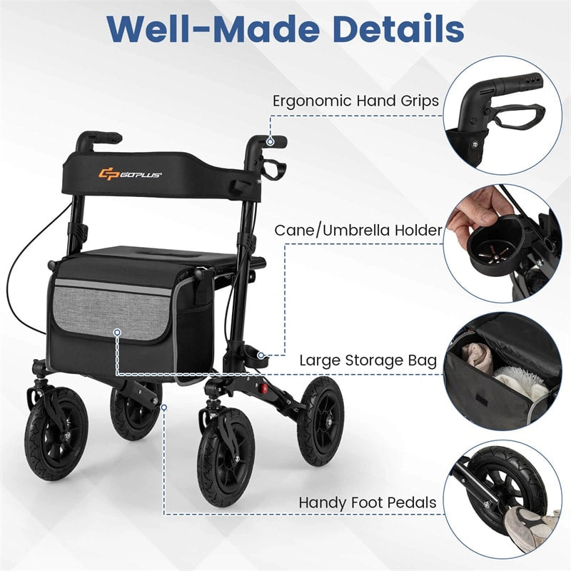 2-in-1 Folding Rolling Rollator Walker with Seat, 9" All-Terrain Pneumatic Tires & Height Adjustment, Aluminum Mobility Walking Aid for Seniors