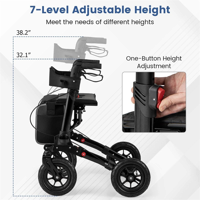 2-in-1 Folding Rolling Rollator Walker with Seat, 9" All-Terrain Pneumatic Tires & Height Adjustment, Aluminum Mobility Walking Aid for Seniors