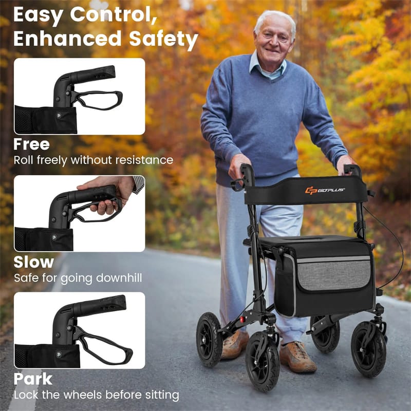 2-in-1 Folding Rolling Rollator Walker with Seat, 9" All-Terrain Pneumatic Tires & Height Adjustment, Aluminum Mobility Walking Aid for Seniors