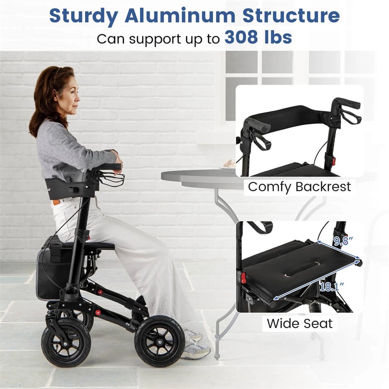 2-in-1 Folding Rolling Rollator Walker with Seat, 9" All-Terrain Pneumatic Tires & Height Adjustment, Aluminum Mobility Walking Aid for Seniors