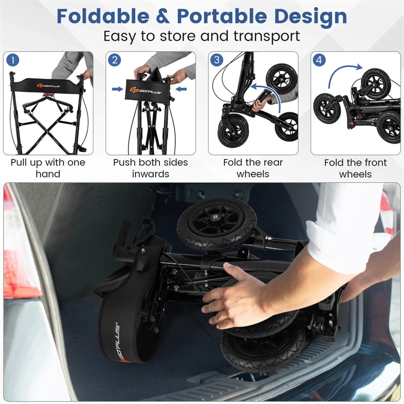 2-in-1 Folding Rolling Rollator Walker with Seat, 9" All-Terrain Pneumatic Tires & Height Adjustment, Aluminum Mobility Walking Aid for Seniors