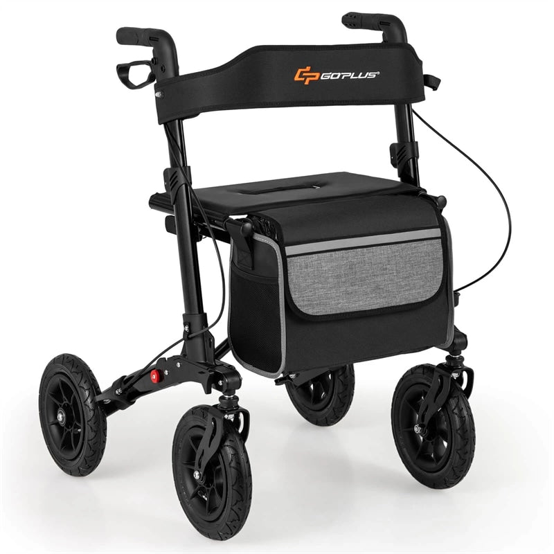 2-in-1 Folding Rolling Rollator Walker with Seat, 9" All-Terrain Pneumatic Tires & Height Adjustment, Aluminum Mobility Walking Aid for Seniors
