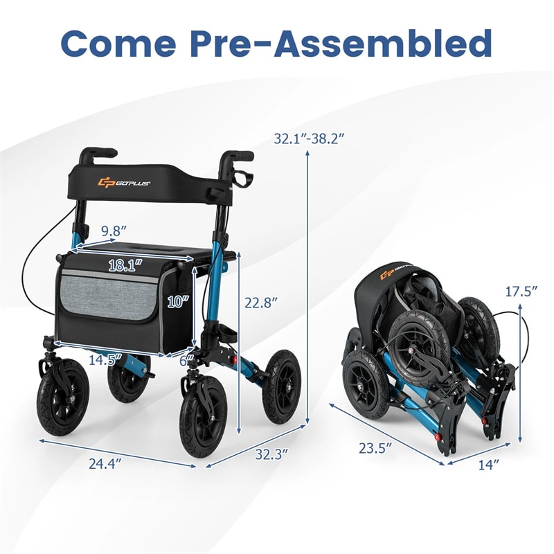 2-in-1 Folding Rolling Rollator Walker with Seat, 9" All-Terrain Pneumatic Tires & Height Adjustment, Aluminum Mobility Walking Aid for Seniors