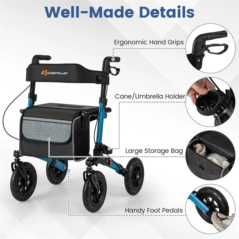 2-in-1 Folding Rolling Rollator Walker with Seat, 9" All-Terrain Pneumatic Tires & Height Adjustment, Aluminum Mobility Walking Aid for Seniors