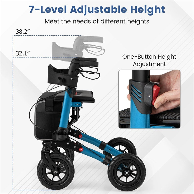 2-in-1 Folding Rolling Rollator Walker with Seat, 9" All-Terrain Pneumatic Tires & Height Adjustment, Aluminum Mobility Walking Aid for Seniors