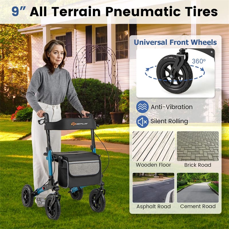 2-in-1 Folding Rolling Rollator Walker with Seat, 9" All-Terrain Pneumatic Tires & Height Adjustment, Aluminum Mobility Walking Aid for Seniors