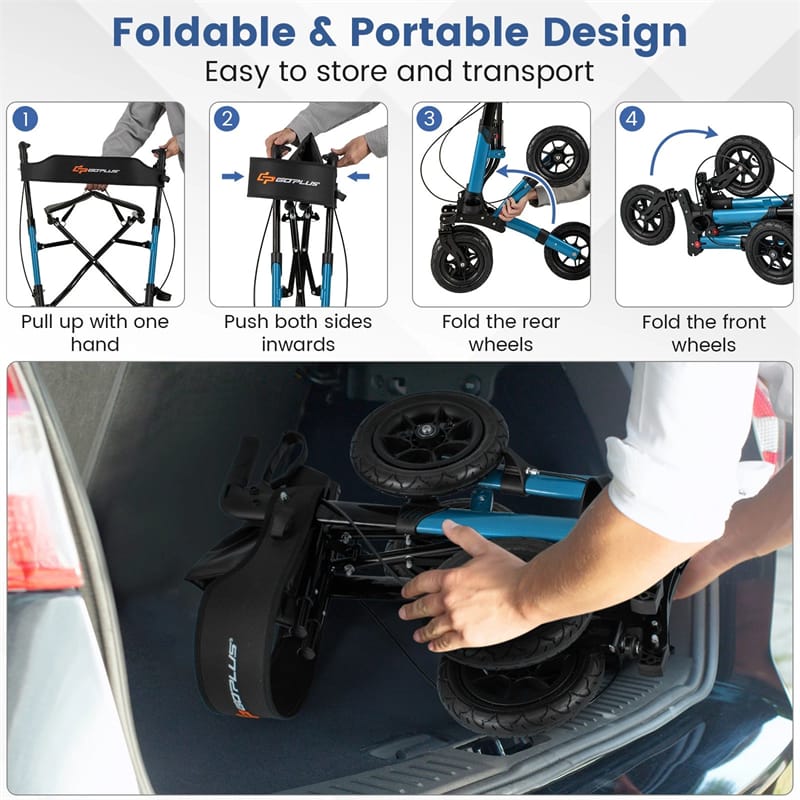 2-in-1 Folding Rolling Rollator Walker with Seat, 9" All-Terrain Pneumatic Tires & Height Adjustment, Aluminum Mobility Walking Aid for Seniors