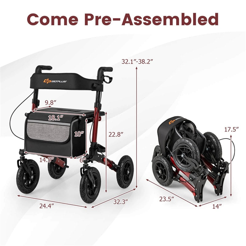 2-in-1 Folding Rolling Rollator Walker with Seat, 9" All-Terrain Pneumatic Tires & Height Adjustment, Aluminum Mobility Walking Aid for Seniors