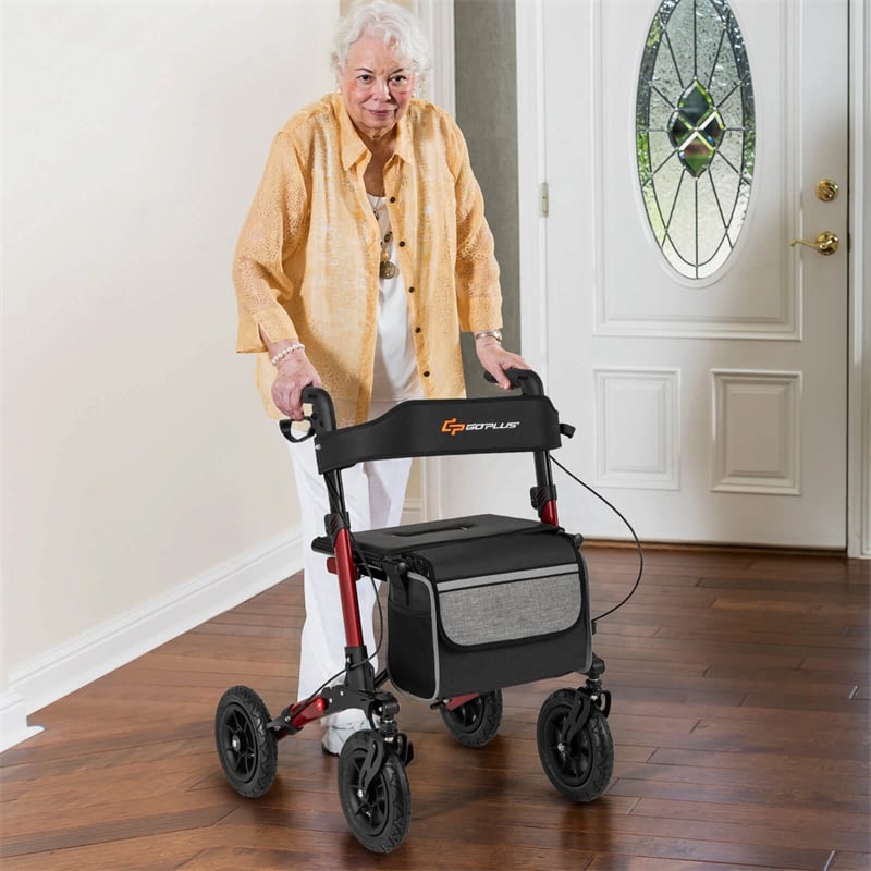 2-in-1 Folding Rolling Rollator Walker with Seat, 9" All-Terrain Pneumatic Tires & Height Adjustment, Aluminum Mobility Walking Aid for Seniors