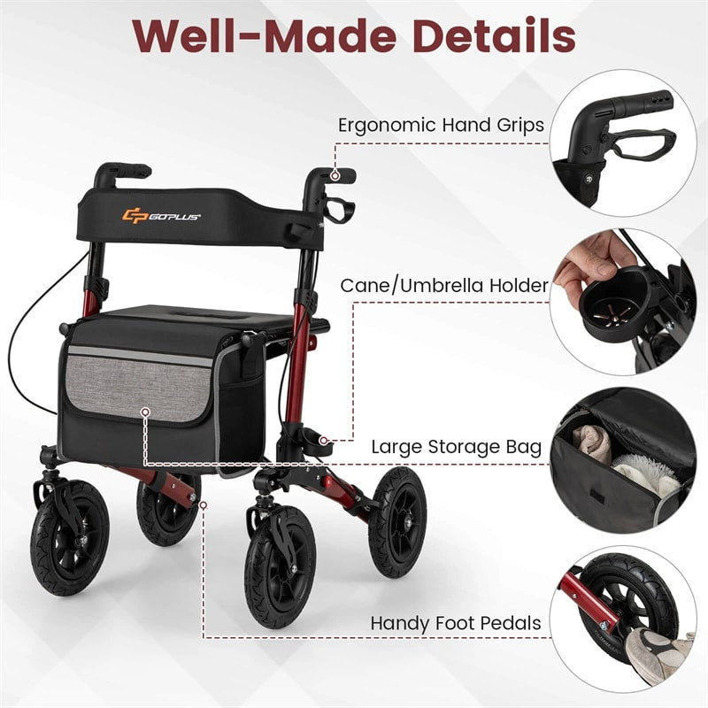 2-in-1 Folding Rolling Rollator Walker with Seat, 9" All-Terrain Pneumatic Tires & Height Adjustment, Aluminum Mobility Walking Aid for Seniors