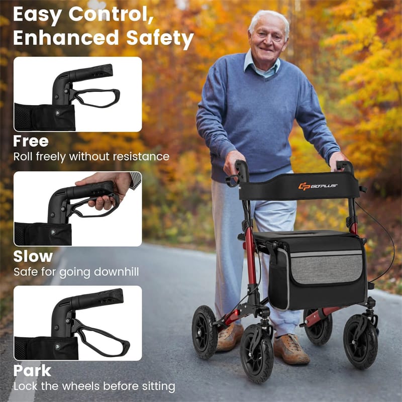 2-in-1 Folding Rolling Rollator Walker with Seat, 9" All-Terrain Pneumatic Tires & Height Adjustment, Aluminum Mobility Walking Aid for Seniors
