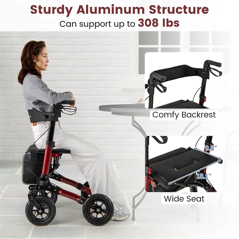 2-in-1 Folding Rolling Rollator Walker with Seat, 9" All-Terrain Pneumatic Tires & Height Adjustment, Aluminum Mobility Walking Aid for Seniors