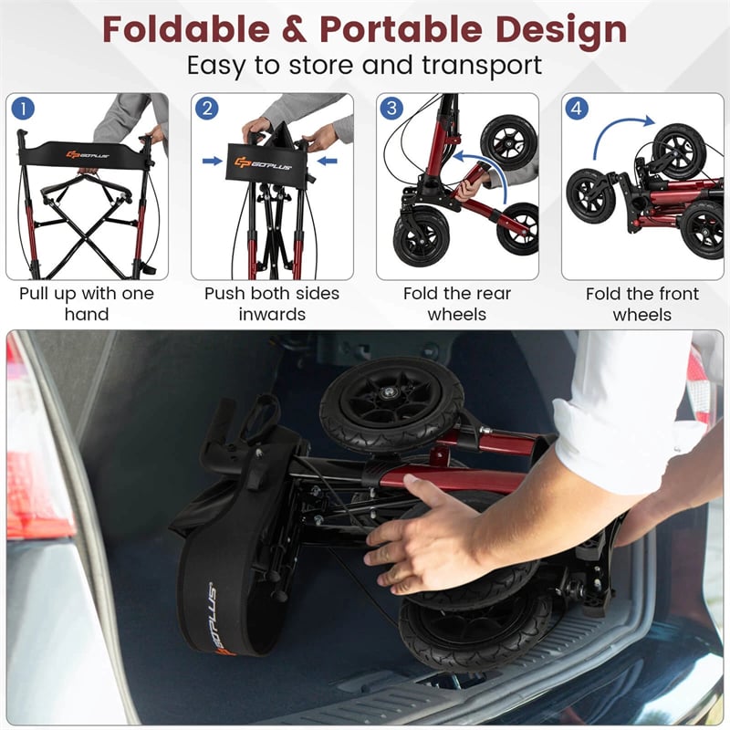 2-in-1 Folding Rolling Rollator Walker with Seat, 9" All-Terrain Pneumatic Tires & Height Adjustment, Aluminum Mobility Walking Aid for Seniors