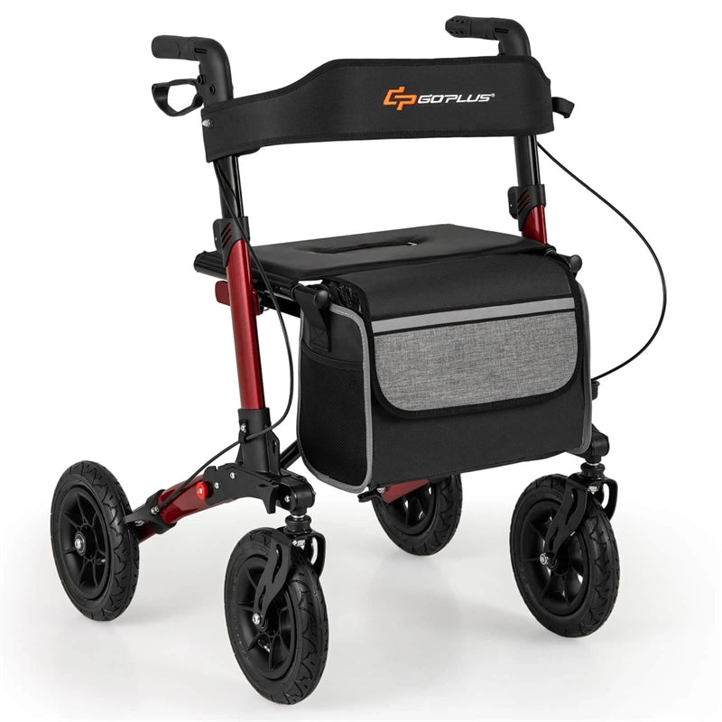 2-in-1 Folding Rolling Rollator Walker with Seat, 9" All-Terrain Pneumatic Tires & Height Adjustment, Aluminum Mobility Walking Aid for Seniors