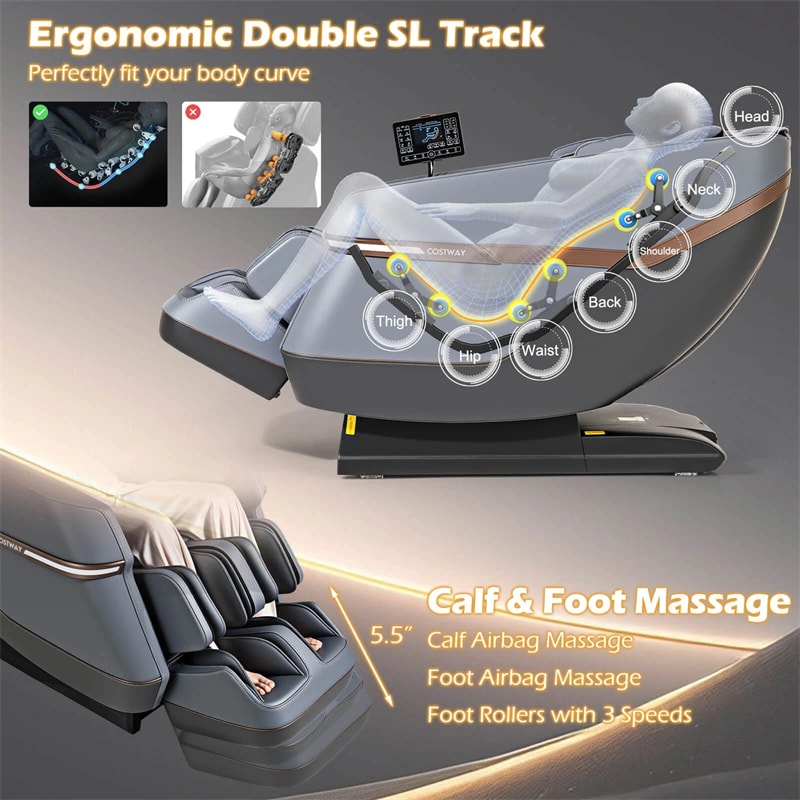 Full Body Zero Gravity Massage Chair, SL Track Massage Recliner with Airbags, Back & Waist Heater, Foot Rollers, Touch Screen, Auto Shoulder Scan