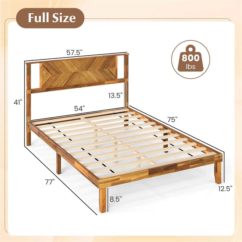 Twin/Full/Queen Size Acacia Wood Platform Bed Frame with Headboard, Mid-Century Modern Bed Frame w/Wooden Slats Support & Under-Bed Space