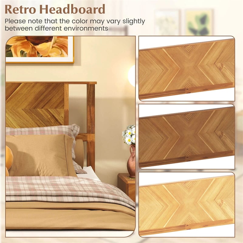 Twin/Full/Queen Size Acacia Wood Platform Bed Frame with Headboard, Mid-Century Modern Bed Frame w/Wooden Slats Support & Under-Bed Space