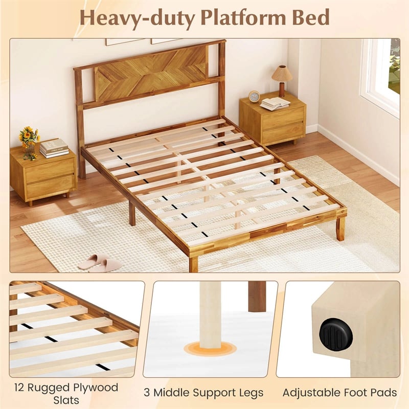 Twin/Full/Queen Size Acacia Wood Platform Bed Frame with Headboard, Mid-Century Modern Bed Frame w/Wooden Slats Support & Under-Bed Space