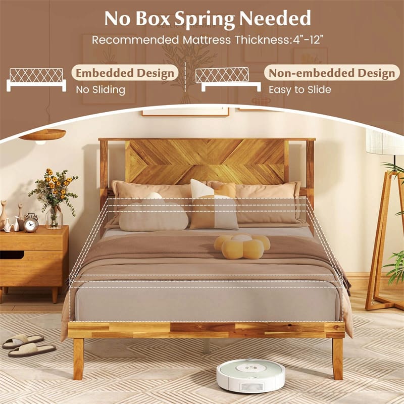 Twin/Full/Queen Size Acacia Wood Platform Bed Frame with Headboard, Mid-Century Modern Bed Frame w/Wooden Slats Support & Under-Bed Space