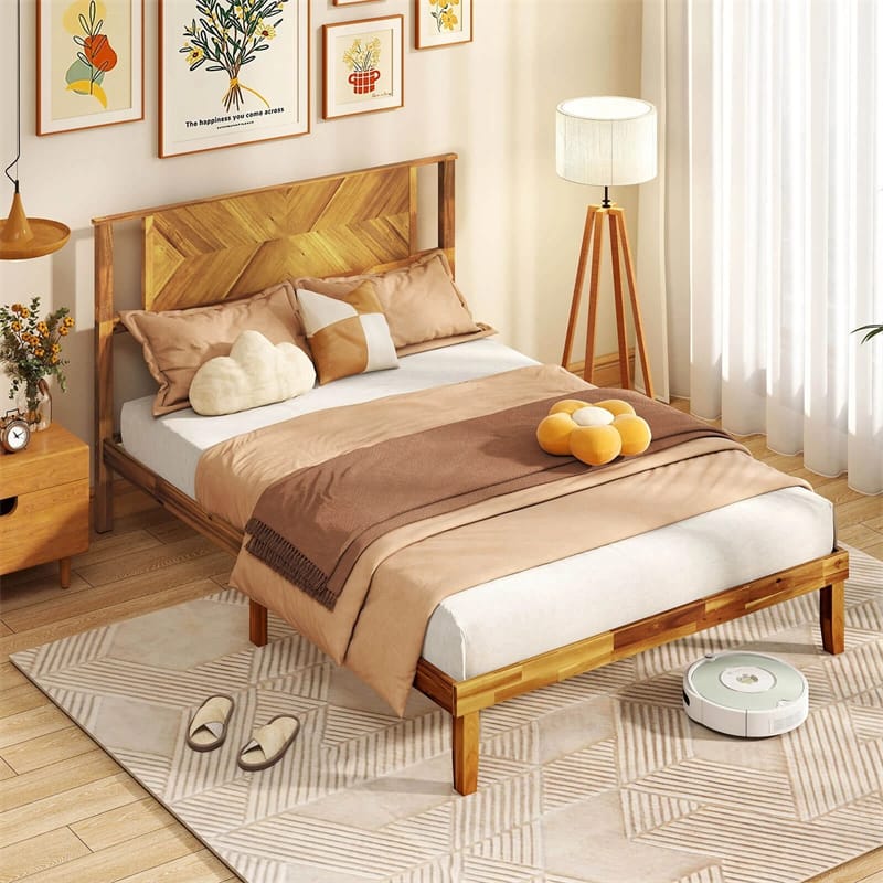 Twin/Full/Queen Size Acacia Wood Platform Bed Frame with Headboard, Mid-Century Modern Bed Frame w/Wooden Slats Support & Under-Bed Space