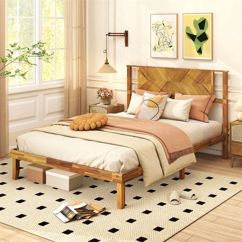 Twin/Full/Queen Size Acacia Wood Platform Bed Frame with Headboard, Mid-Century Modern Bed Frame w/Wooden Slats Support & Under-Bed Space