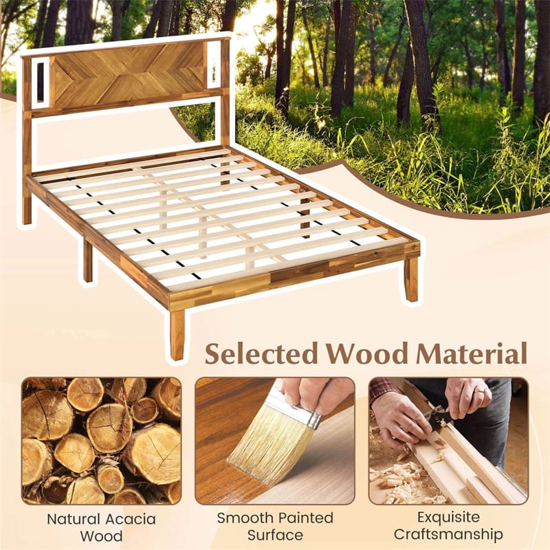 Twin/Full/Queen Size Acacia Wood Platform Bed Frame with Headboard, Mid-Century Modern Bed Frame w/Wooden Slats Support & Under-Bed Space